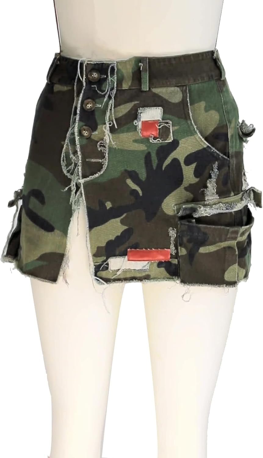 Women'S Camo Cargo Mini Skirt Y2K High Split Camouflage Army Fatigue Short Skirt