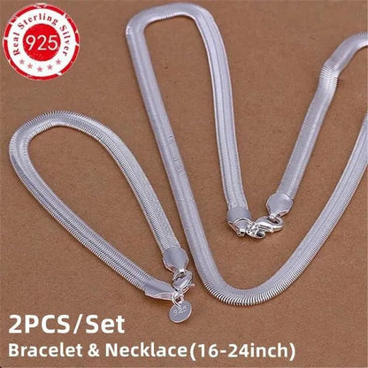 Women's Charm 925 Sterling Silver 6MM Fine Soft Flat Snake Chain Bracelets Elegant Necklace Bridal Wedding Jewelry Set - WORLD TIME VISITS