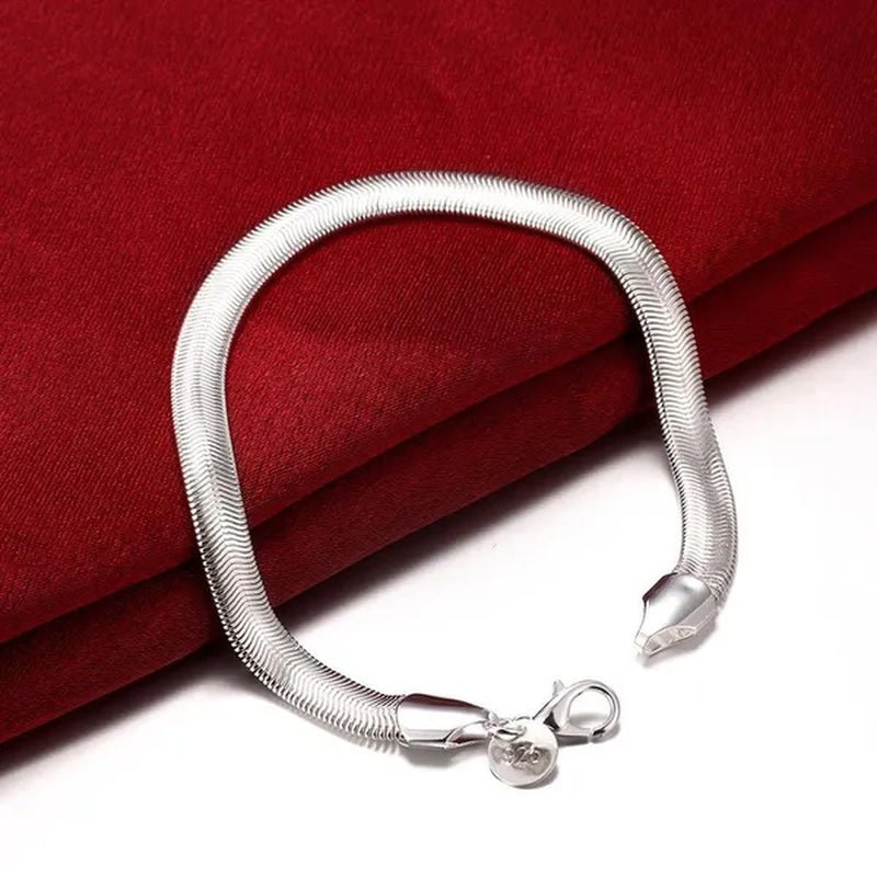 Women's Charm 925 Sterling Silver 6MM Fine Soft Flat Snake Chain Bracelets Elegant Necklace Bridal Wedding Jewelry Set - WORLD TIME VISITS