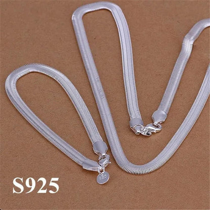 Women's Charm 925 Sterling Silver 6MM Fine Soft Flat Snake Chain Bracelets Elegant Necklace Bridal Wedding Jewelry Set
