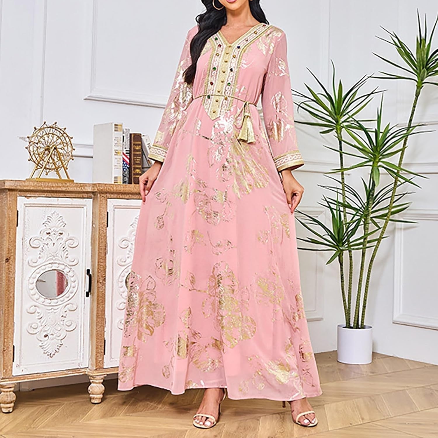 Women'S Chiffon Kaftan Abaya Dress Muslim Long Sleeve Self Tie Flowy Maxi Dress Abaya Casual Dress Dubai Outfits - WORLD TIME VISITS