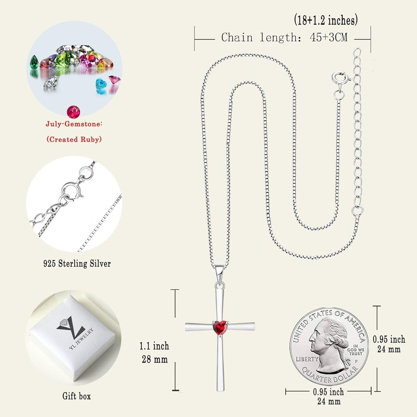 Women'S Cross Necklace 925 Sterling Silver Crucifix Pendant Heart Cut Birthstone Criss Jewelry