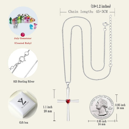 Women'S Cross Necklace 925 Sterling Silver Crucifix Pendant Heart Cut Birthstone Criss Jewelry