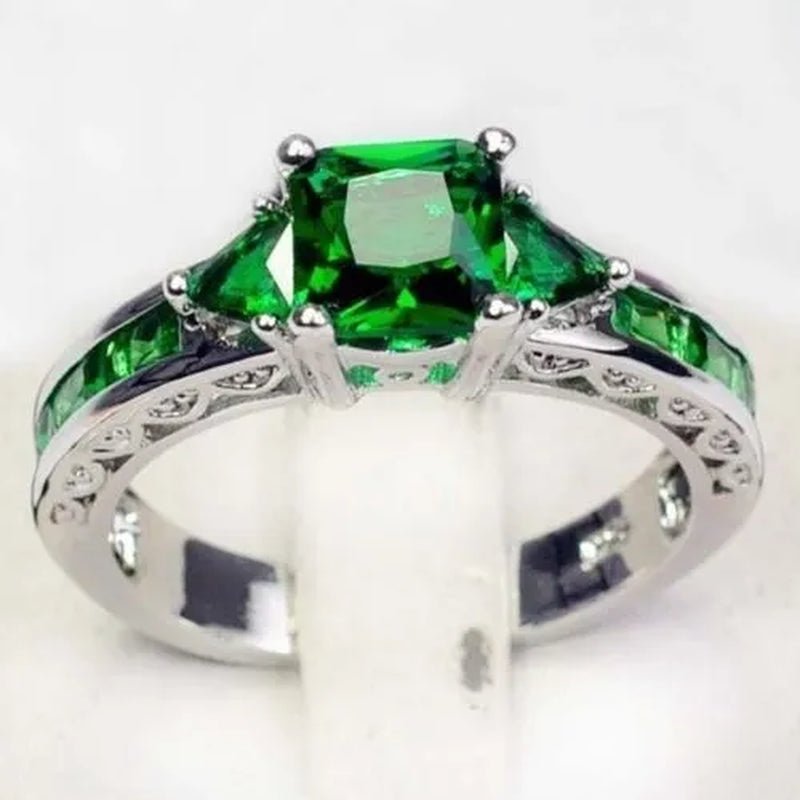Women's Fashion 925 Silver Plated Green Gemstone CZ Ring Topaz Ring Bride Engagement Wedding Ring Jewelry Size 5 - 10 (Choice Color) - WORLD TIME VISITS