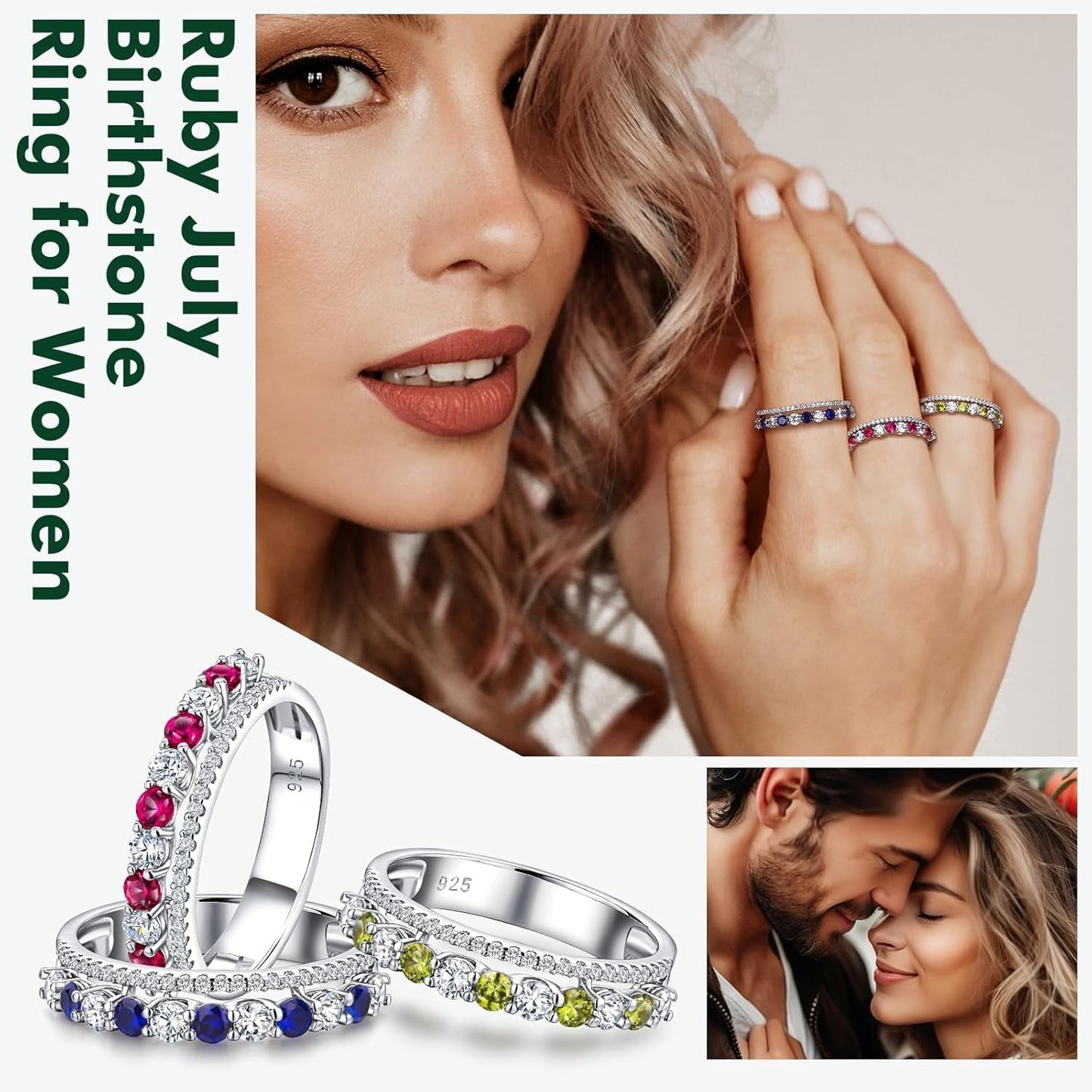 Women'S Half Eternity Band 5Mm Thick Double Band Ring Sterling Silver Gemstone Diamond Anniversary Ring Stackable Birthstone Rings Size 6 - 10 (With Gift Box) - WORLD TIME VISITS