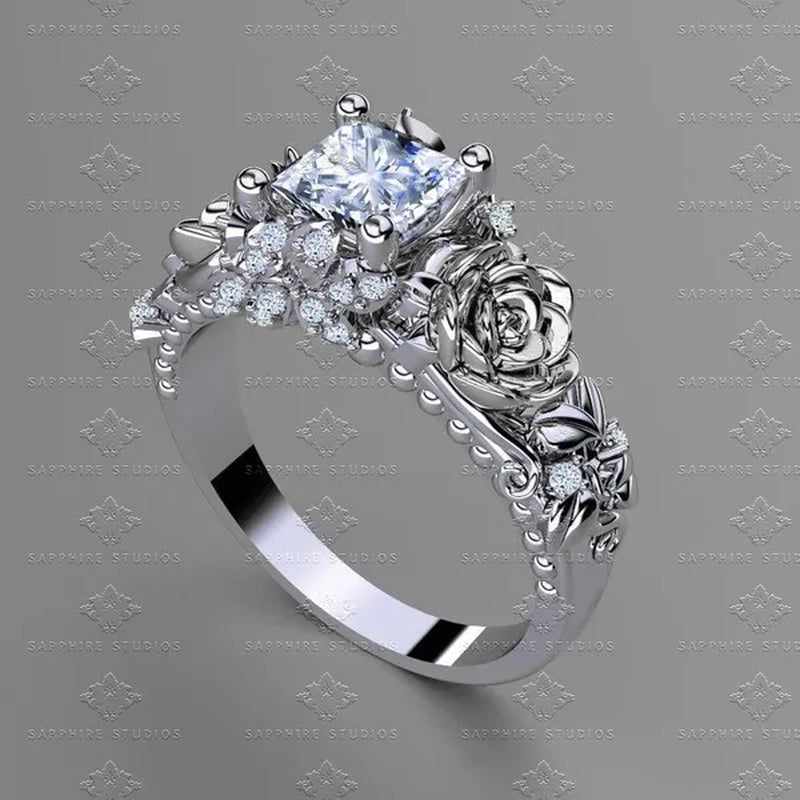 Women's Jewelry 925 Silver&Rose Gold White Sapphire Diamond Rose Flower Ring Bridal Wedding Engagement Ring