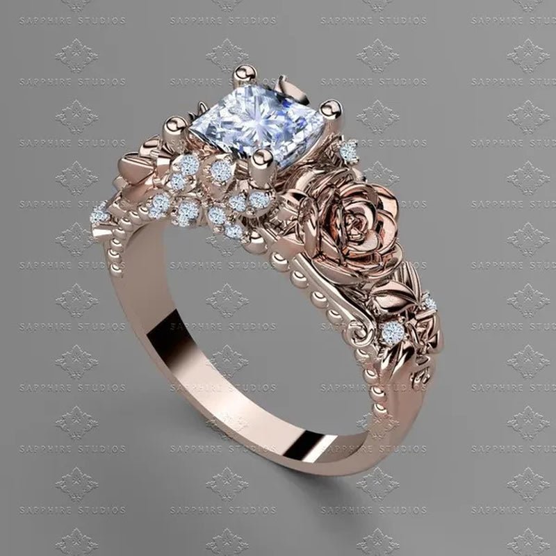 Women's Jewelry 925 Silver&Rose Gold White Sapphire Diamond Rose Flower Ring Bridal Wedding Engagement Ring - WORLD TIME VISITS