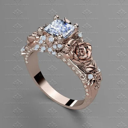 Women's Jewelry 925 Silver&Rose Gold White Sapphire Diamond Rose Flower Ring Bridal Wedding Engagement Ring - WORLD TIME VISITS