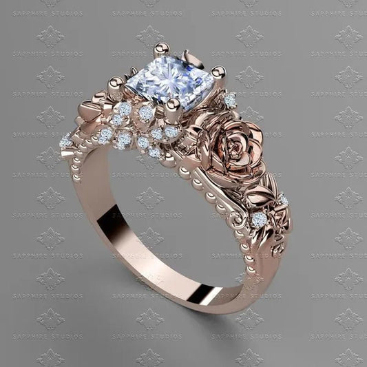 Women's Jewelry 925 Silver&Rose Gold White Sapphire Diamond Rose Flower Ring Bridal Wedding Engagement Ring - WORLD TIME VISITS