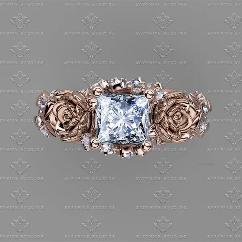 Women's Jewelry 925 Silver&Rose Gold White Sapphire Diamond Rose Flower Ring Bridal Wedding Engagement Ring - WORLD TIME VISITS