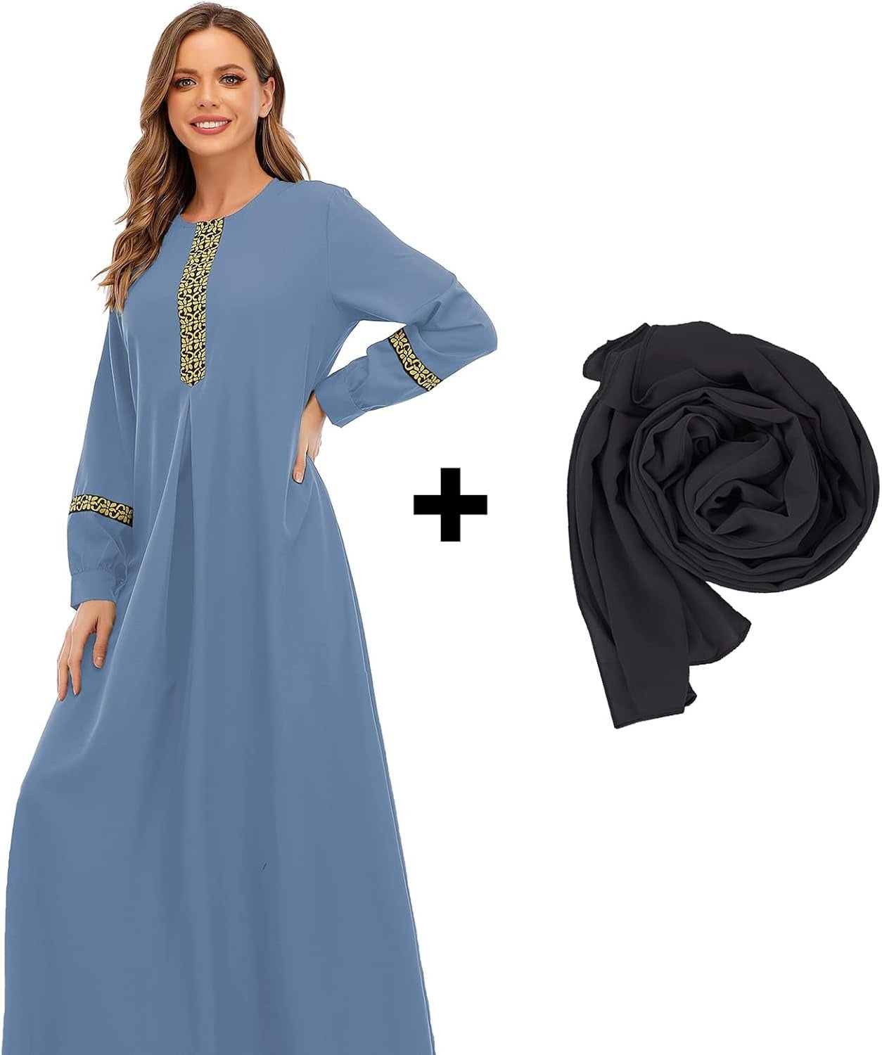 Womens Long Sleeve Ethnic Style Zipper Muslim Dresses Abaya with Hijabs - WORLD TIME VISITS