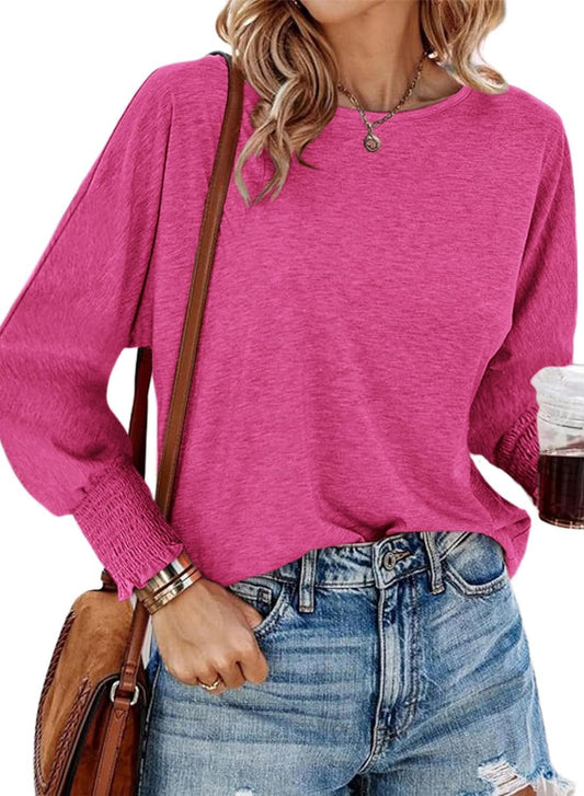Womens Long Sleeve Tops Fall Outfits 2024 Dressy Casual Crew Neck Tee Shirts Smocked Loose Top Tunic Blouse - WORLD TIME VISITS