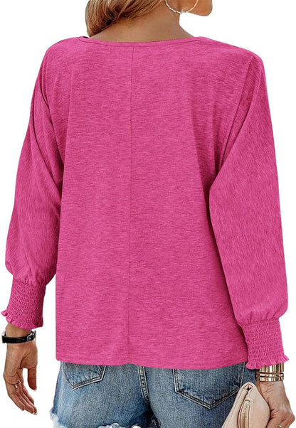 Womens Long Sleeve Tops Fall Outfits 2024 Dressy Casual Crew Neck Tee Shirts Smocked Loose Top Tunic Blouse - WORLD TIME VISITS