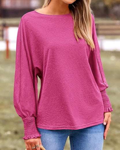 Womens Long Sleeve Tops Fall Outfits 2024 Dressy Casual Crew Neck Tee Shirts Smocked Loose Top Tunic Blouse