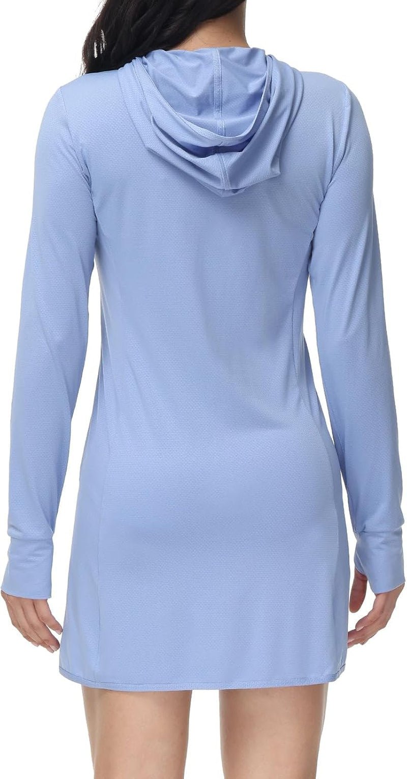 Women'S Long Sleeve Zip Beach Coverup UPF 50+ Sun Protection Hooded Cover up Shirt Dress with Pockets - WORLD TIME VISITS