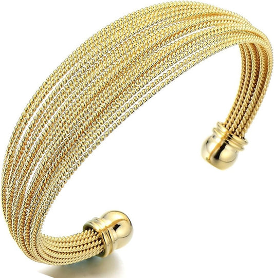 Womens Multi - Strand Gold Plated Stainless Steel Cuff Bangle Bracelet Adjustable - WORLD TIME VISITS