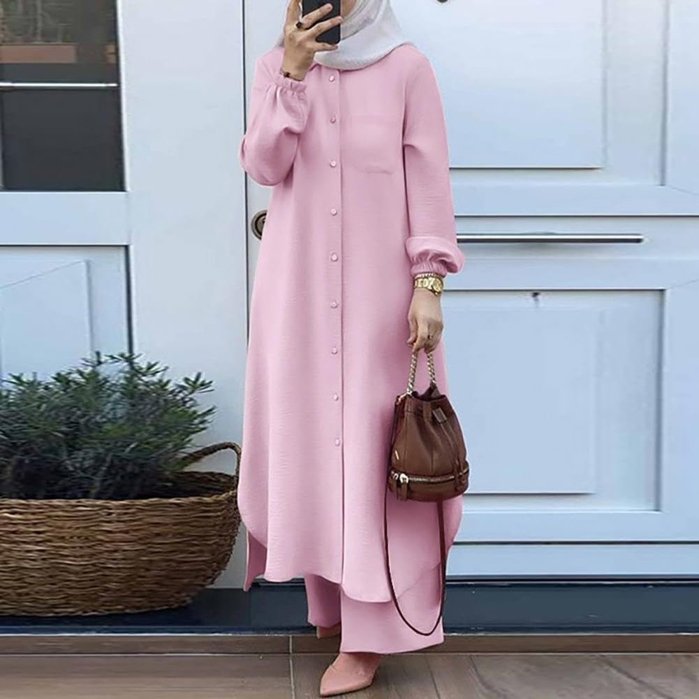 Women'S Muslim 2 Pieces Sets Long Sleeve Button down Shirt and Pants Abaya Casual Dress Dubai Outfits - WORLD TIME VISITS