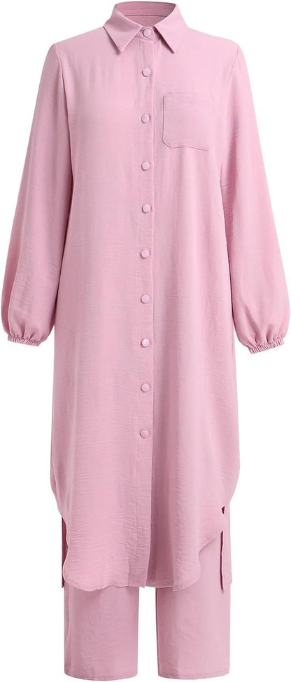 Women'S Muslim 2 Pieces Sets Long Sleeve Button down Shirt and Pants Abaya Casual Dress Dubai Outfits
