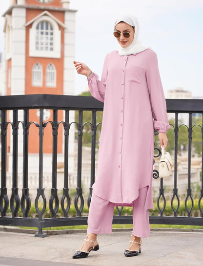Women'S Muslim 2 Pieces Sets Long Sleeve Button down Shirt and Pants Abaya Casual Dress Dubai Outfits