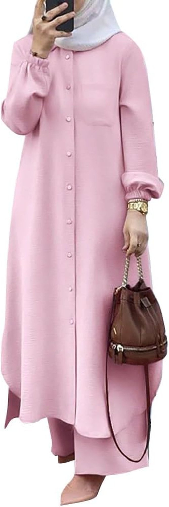 Women'S Muslim 2 Pieces Sets Long Sleeve Button down Shirt and Pants Abaya Casual Dress Dubai Outfits - WORLD TIME VISITS
