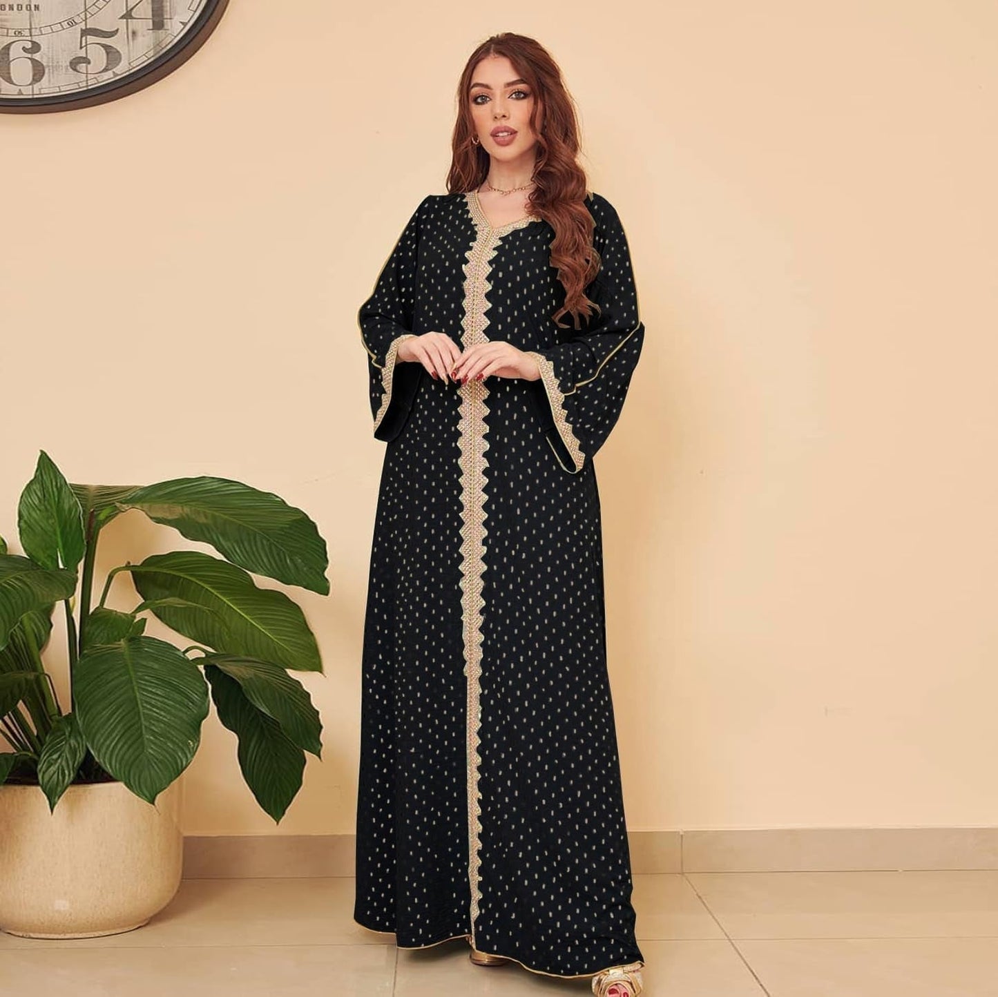Womens Muslim Abaya Dress One - Piece V Neck Bronzing Dress Islamic Full Length Kaftan Daily Casual Dress - WORLD TIME VISITS