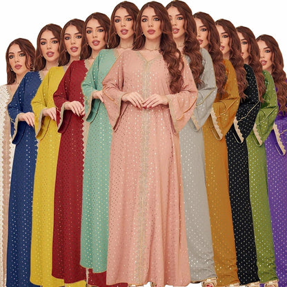 Womens Muslim Abaya Dress One-Piece V Neck Bronzing Dress Islamic Full Length Kaftan Daily Casual Dress