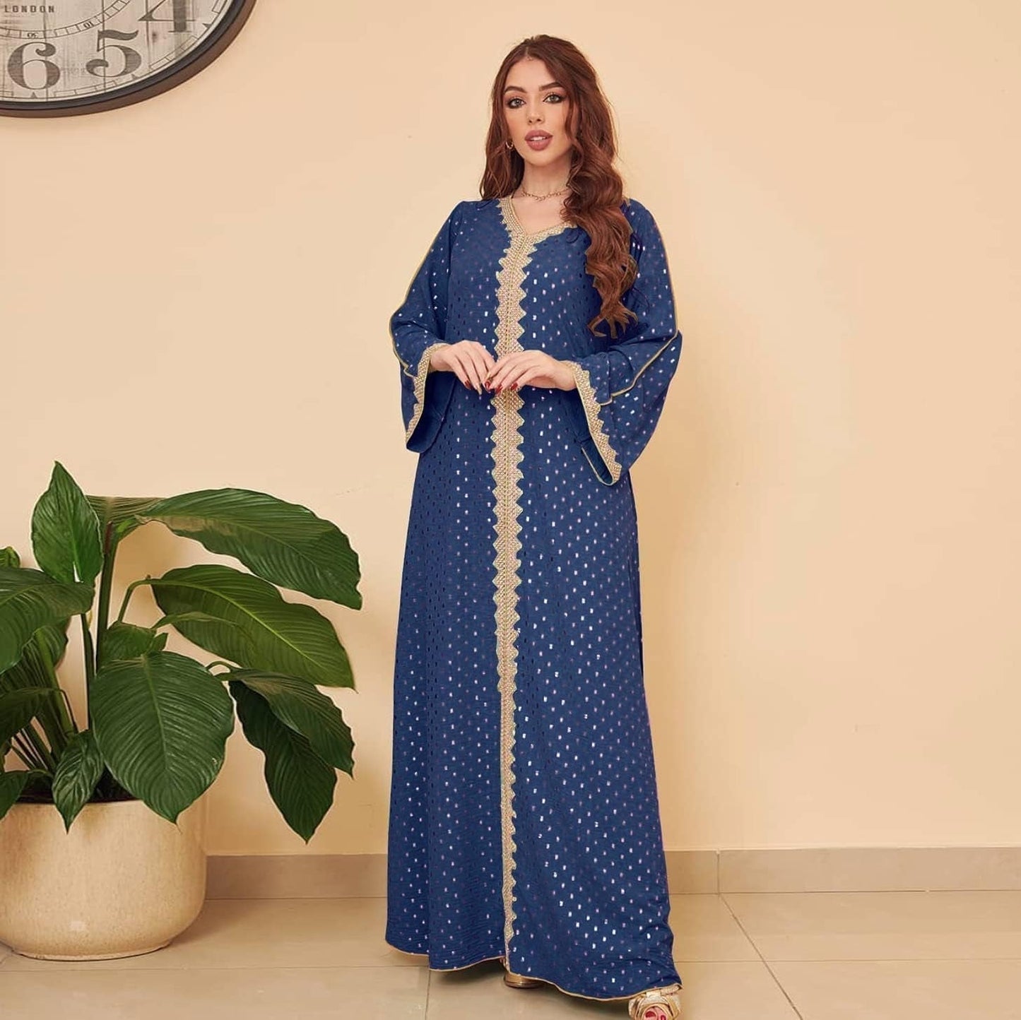 Womens Muslim Abaya Dress One - Piece V Neck Bronzing Dress Islamic Full Length Kaftan Daily Casual Dress - WORLD TIME VISITS