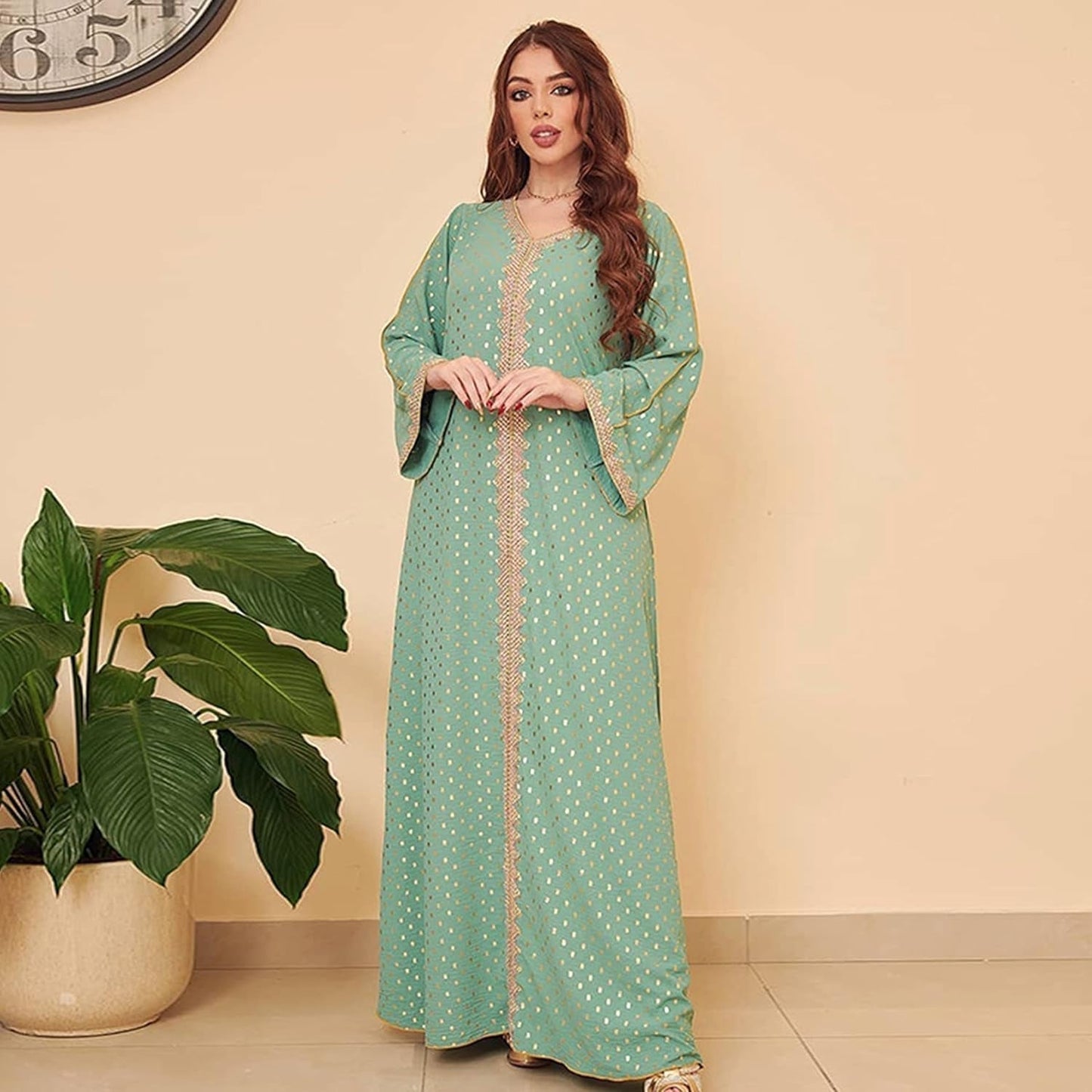 Women'S Muslim Abaya Dress V Neck Bronzing Long Sleeves Elegant Prayer Wear Daily Casual Dress - WORLD TIME VISITS