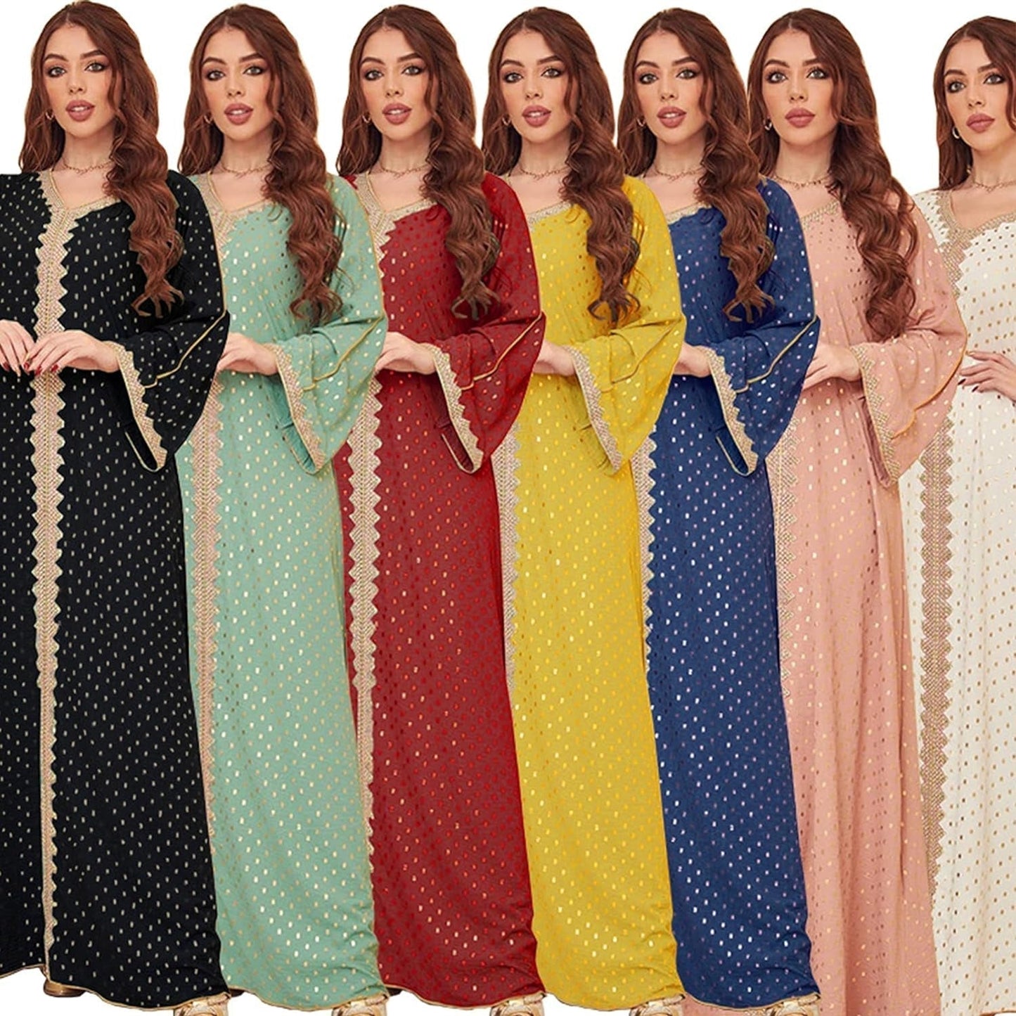 Women'S Muslim Abaya Dress V Neck Bronzing Long Sleeves Elegant Prayer Wear Daily Casual Dress