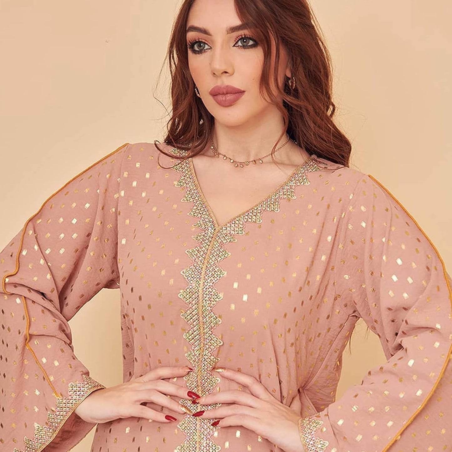 Women'S Muslim Abaya Dress V Neck Bronzing Long Sleeves Elegant Prayer Wear Daily Casual Dress