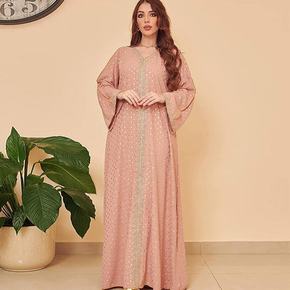 Women'S Muslim Abaya Dress V Neck Bronzing Long Sleeves Elegant Prayer Wear Daily Casual Dress - WORLD TIME VISITS