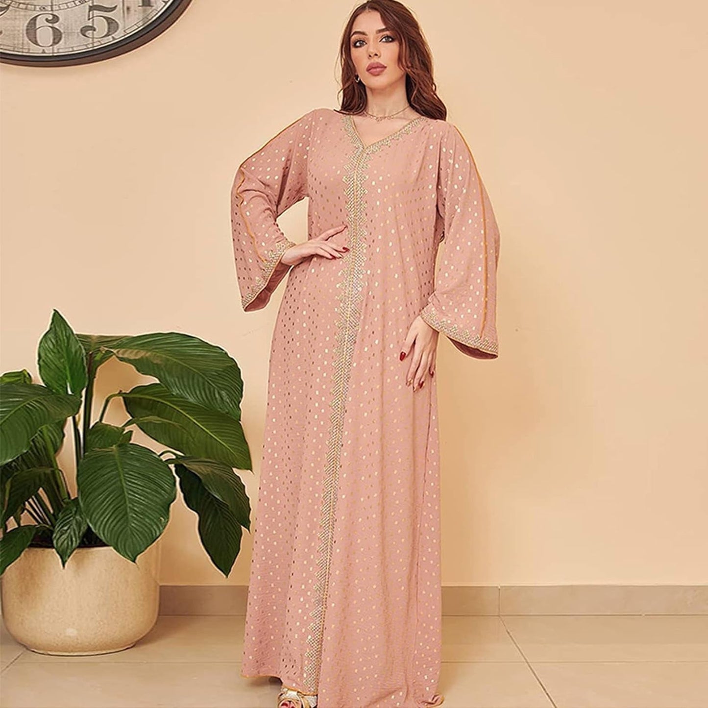 Women'S Muslim Abaya Dress V Neck Bronzing Long Sleeves Elegant Prayer Wear Daily Casual Dress