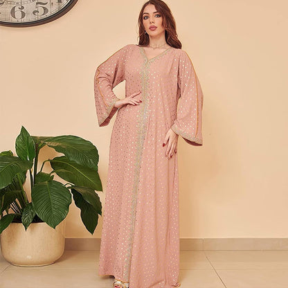Women'S Muslim Abaya Dress V Neck Bronzing Long Sleeves Elegant Prayer Wear Daily Casual Dress
