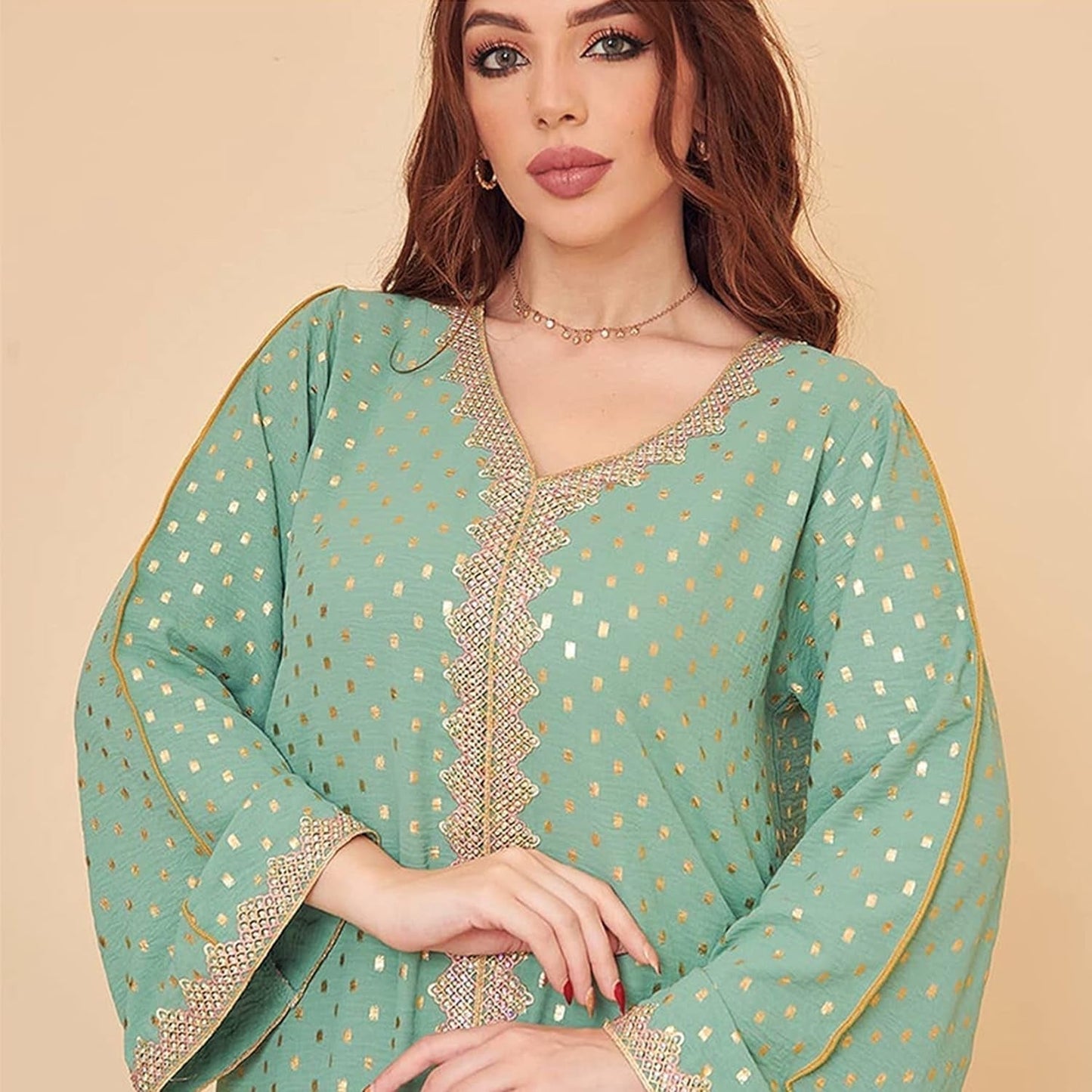Women'S Muslim Abaya Dress V Neck Bronzing Long Sleeves Elegant Prayer Wear Daily Casual Dress