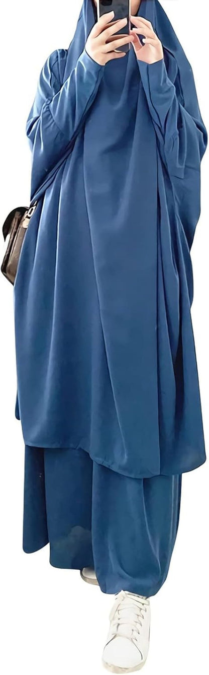 Womens Muslim Abaya Solid 2 Piece Prayer Dress Islamic Maxi Kaftan with Hijab Dubai Full Length Dress - WORLD TIME VISITS