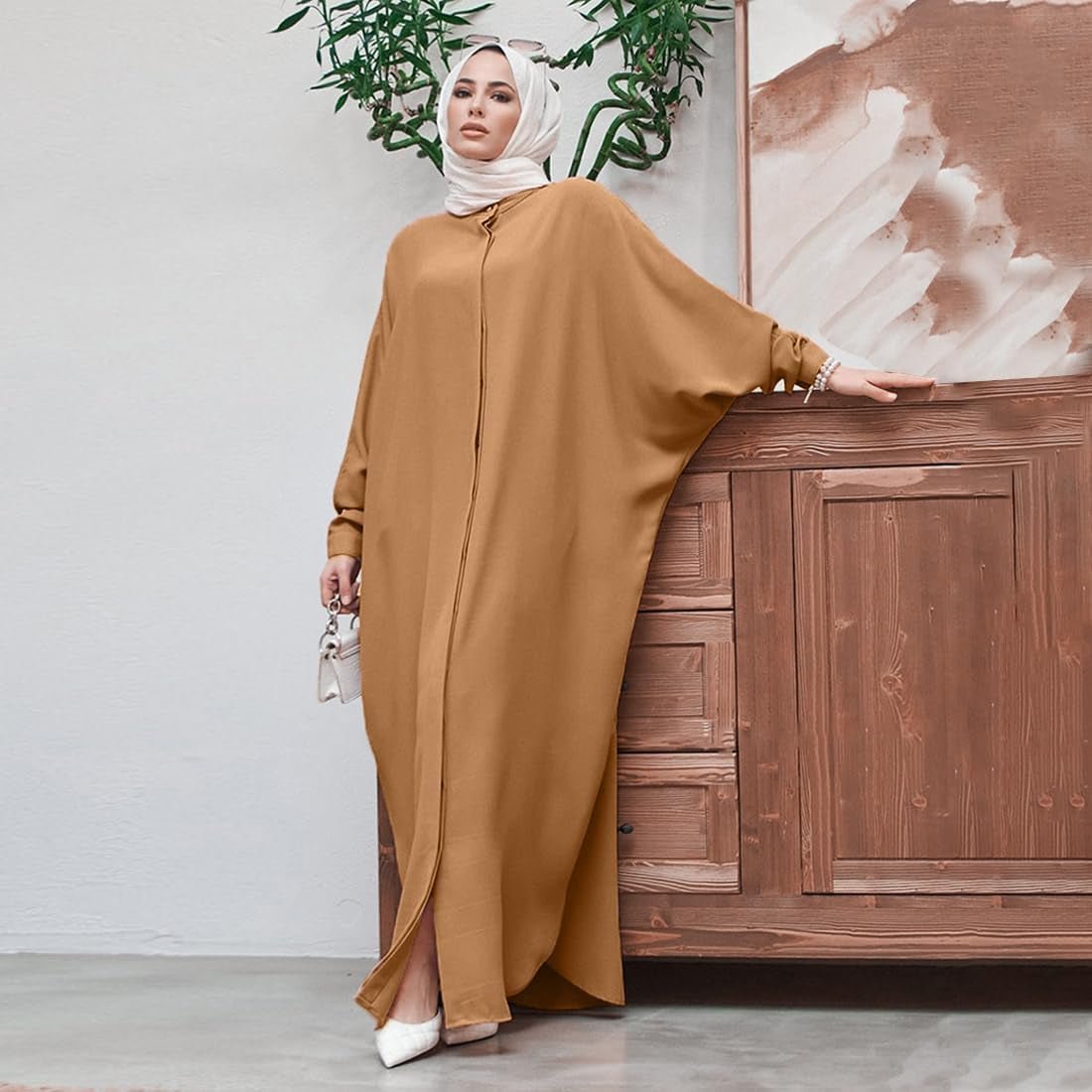 Women'S Muslim Dress Ramadan Abaya Batwing Sleeve Henley Shirt Prayer Kaftan Dubai Islamic Dress