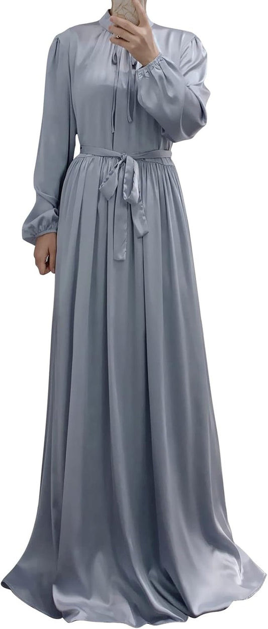 Women'S Muslim Kaftan Abaya Prayer Dress Long Sleeve Self Tie Maxi Dress Middle East Arabian Robe Gown - WORLD TIME VISITS