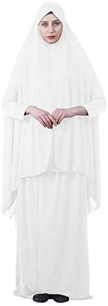 Women'S Muslim Prayer Dress Hijab Scarf Islamic Abaya Two-Piece Full Length Dress (White, L)