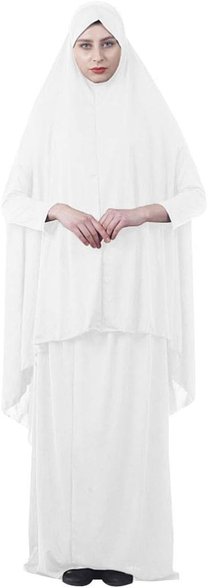 Women'S Muslim Prayer Dress Hijab Scarf Islamic Abaya Two - Piece Full Length Dress (White, L) - WORLD TIME VISITS