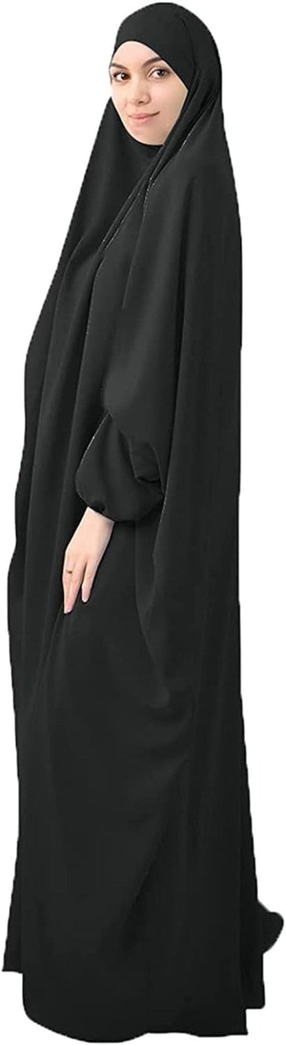Womens One-Piece Solid Abaya Muslim Prayer Dress Islamic Maxi Kaftan with Hijab Dubai Full Length Dress