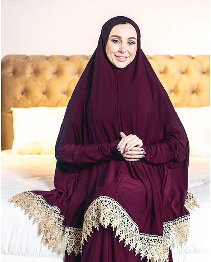 Women'S Prayer Dress 2 Pieces Lycra Solid Color plus Long Sleeve | One-Size | Hijab Abaya Suit