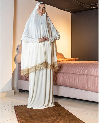 Women'S Prayer Dress 2 Pieces Lycra Solid Color plus Long Sleeve | One-Size | Hijab Abaya Suit