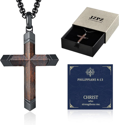 Wooden Cross Necklace for Men : 24'' Strong Chain Wood Christian Crosses Pendant,Silver/Black/Gold Plated Stainless Steel Religious Crucifix,Premium Gift for Him,Son,Husband,Boyfriend,Birthday - WORLD TIME VISITS