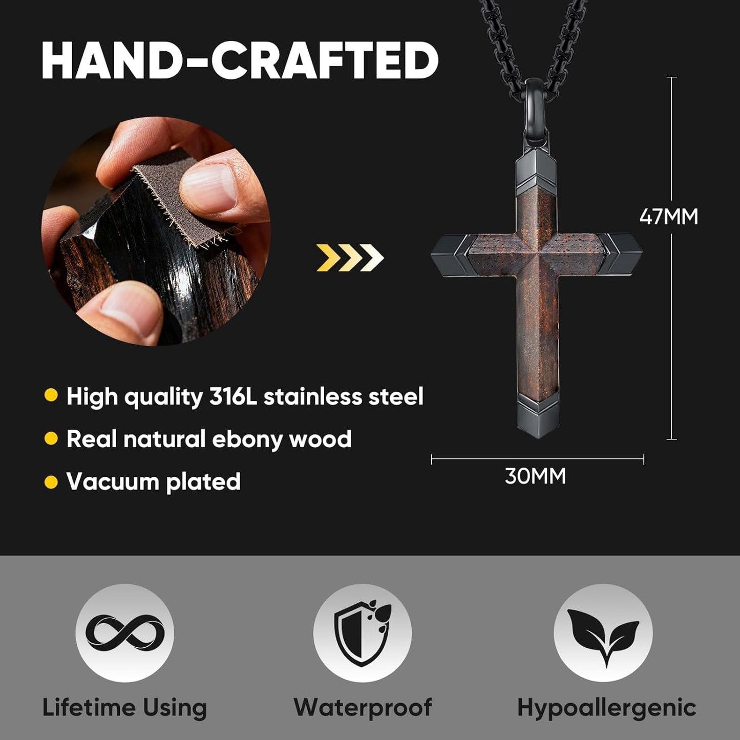 Wooden Cross Necklace for Men : 24'' Strong Chain Wood Christian Crosses Pendant,Silver/Black/Gold Plated Stainless Steel Religious Crucifix,Premium Gift for Him,Son,Husband,Boyfriend,Birthday - WORLD TIME VISITS