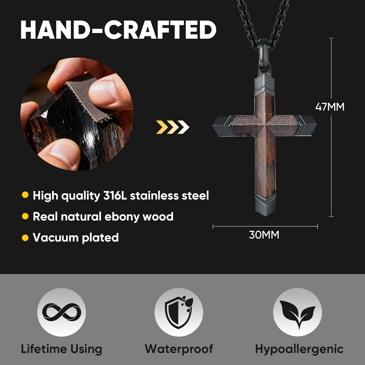 Wooden Cross Necklace for Men : 24'' Strong Chain Wood Christian Crosses Pendant,Silver/Black/Gold Plated Stainless Steel Religious Crucifix,Premium Gift for Him,Son,Husband,Boyfriend,Birthday - WORLD TIME VISITS