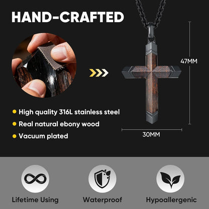 Wooden Cross Necklace for Men : 24'' Strong Chain Wood Christian Crosses Pendant,Silver/Black/Gold Plated Stainless Steel Religious Crucifix,Premium Gift for Him,Son,Husband,Boyfriend,Birthday - WORLD TIME VISITS