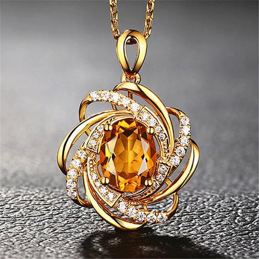Yellow Crystal Citrine Gemstones Diamonds Pendant Necklaces for Women Gold Tone Choker Chain Jewelry - WORLD TIME VISITS