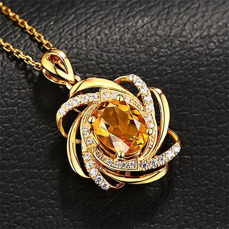 Yellow Crystal Citrine Gemstones Diamonds Pendant Necklaces for Women Gold Tone Choker Chain Jewelry - WORLD TIME VISITS