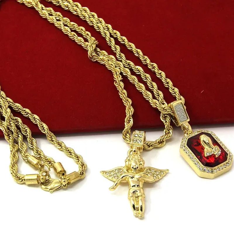 Yellow Gold Mens Gold Angel&P Ruby Bundle Set Cz Pendant Hip Hop 24"& 30"Rope Necklace Chain Pendant
