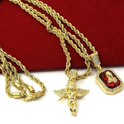 Yellow Gold Mens Gold Angel&P Ruby Bundle Set Cz Pendant Hip Hop 24"& 30"Rope Necklace Chain Pendant